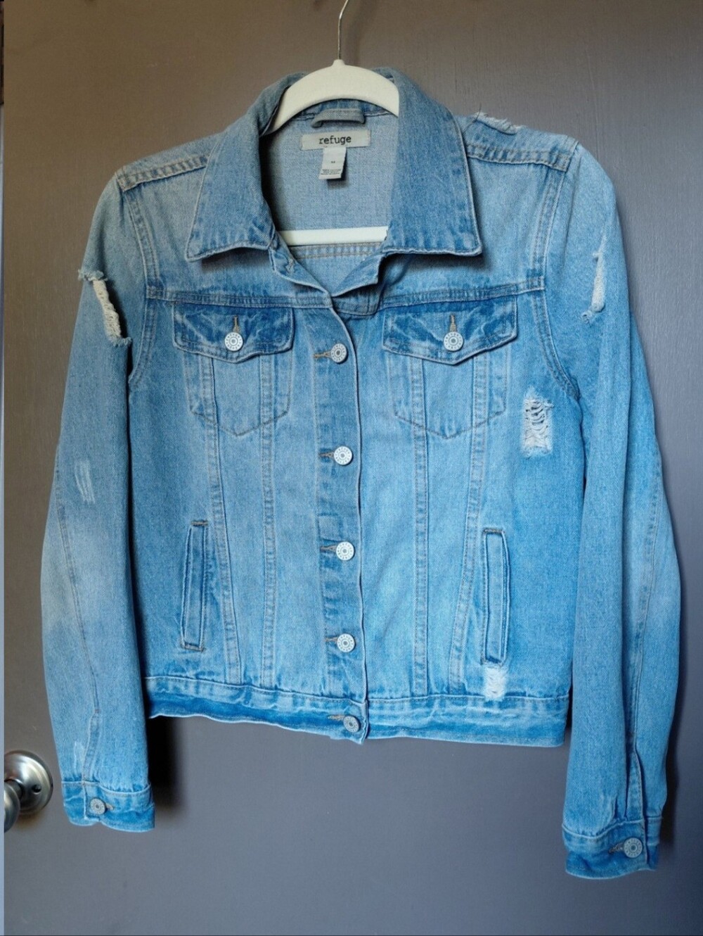refuge Light Blue Distressed Denim Jacket